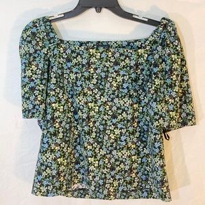 ann taylor loft women’s blouse floral square neck short sleeve blue green size M